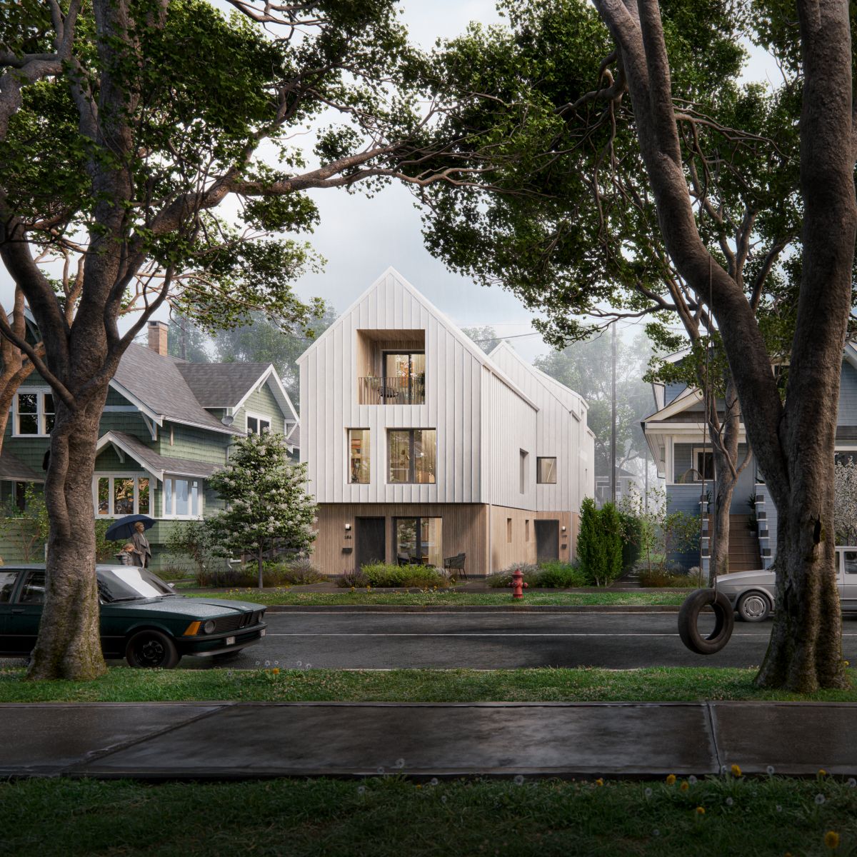 The 3D rendering of the duplex showcases a design with a blend of brick and siding. The exterior features large windows  and a t landscaped yard with mature trees and lush greenery.